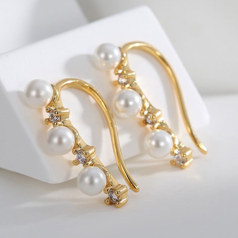 gold plated shell pearl and zirconia ear climber pair