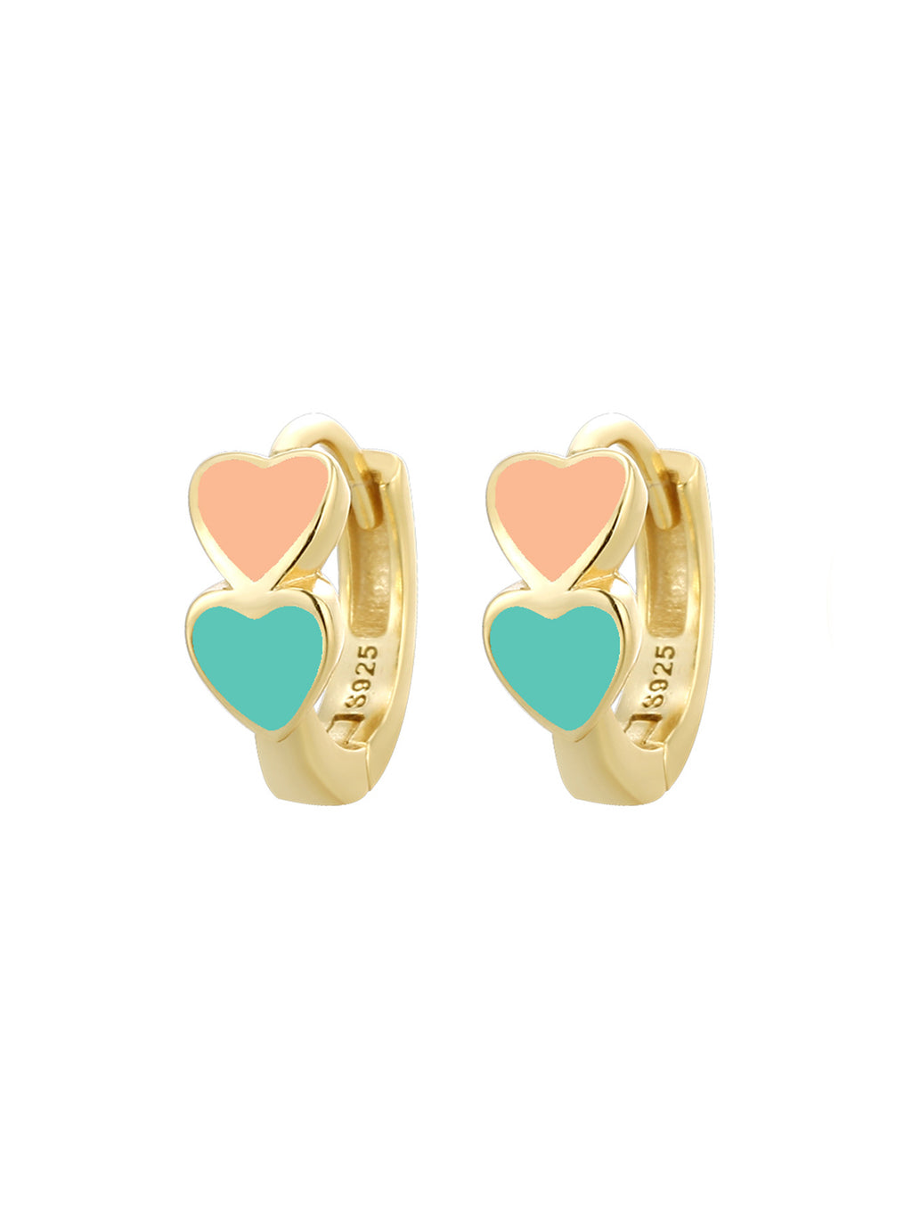 Gold Plated 925 Sterling Silver Colorful Double Heart Hoop Earrings — peach and turquoise hearts