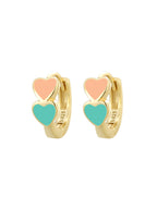 Gold Plated 925 Sterling Silver Colorful Double Heart Hoop Earrings — peach and turquoise hearts