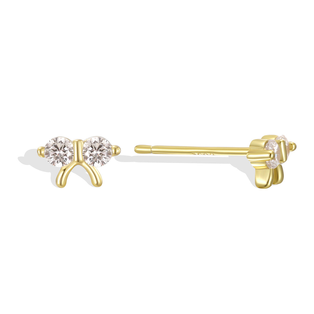 isolated front and side view of gold plated twin-stone bow studs