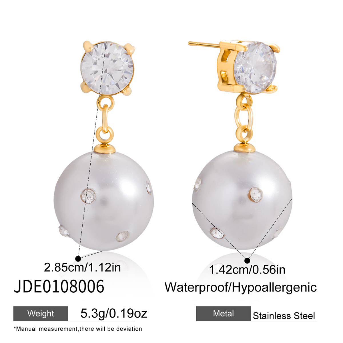 Imitation Pearl and Clear Stone Stainless Steel Drop Earrings — worn scale and material reference