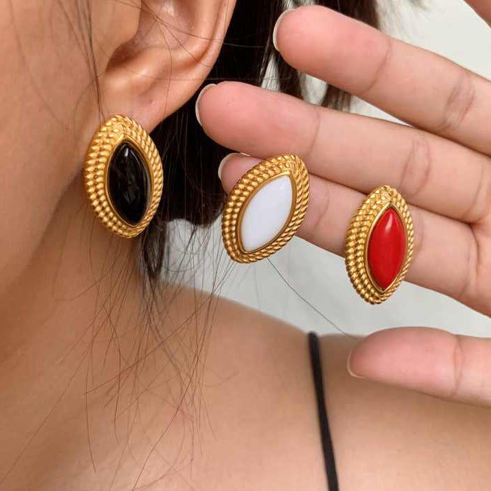 Gold-Tone Colored Cabochon Stainless Steel Statement Stud Earrings shown on model