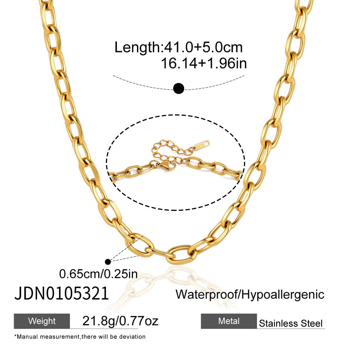 Plain oval-link necklace with length and width measurements