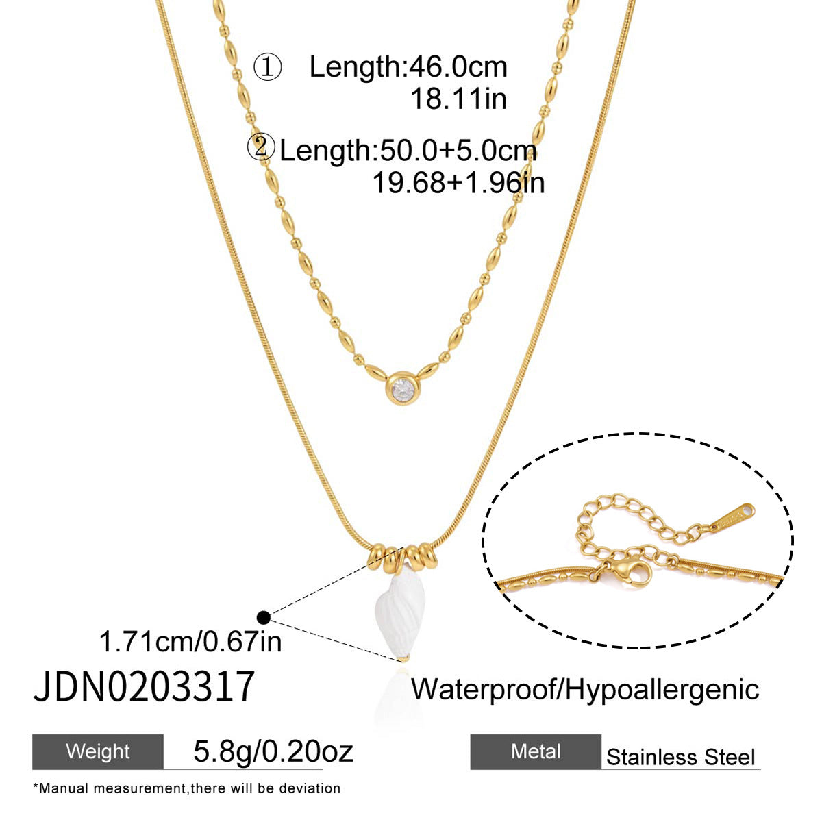 Shell-shaped pendant layered necklace length diagram