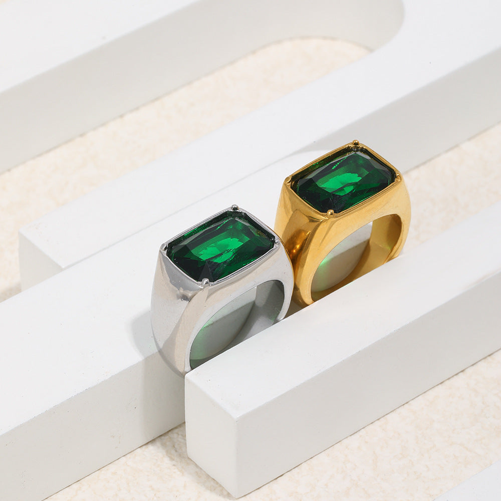 paired rectangular green stone stainless steel signet rings