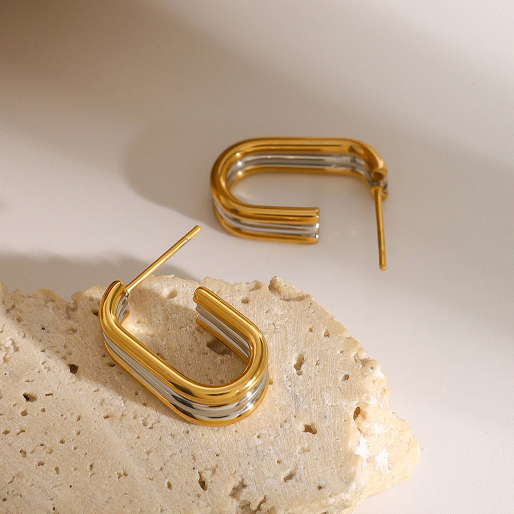 Two-Tone Triple-Line Stainless Steel Stud Earrings styled product view