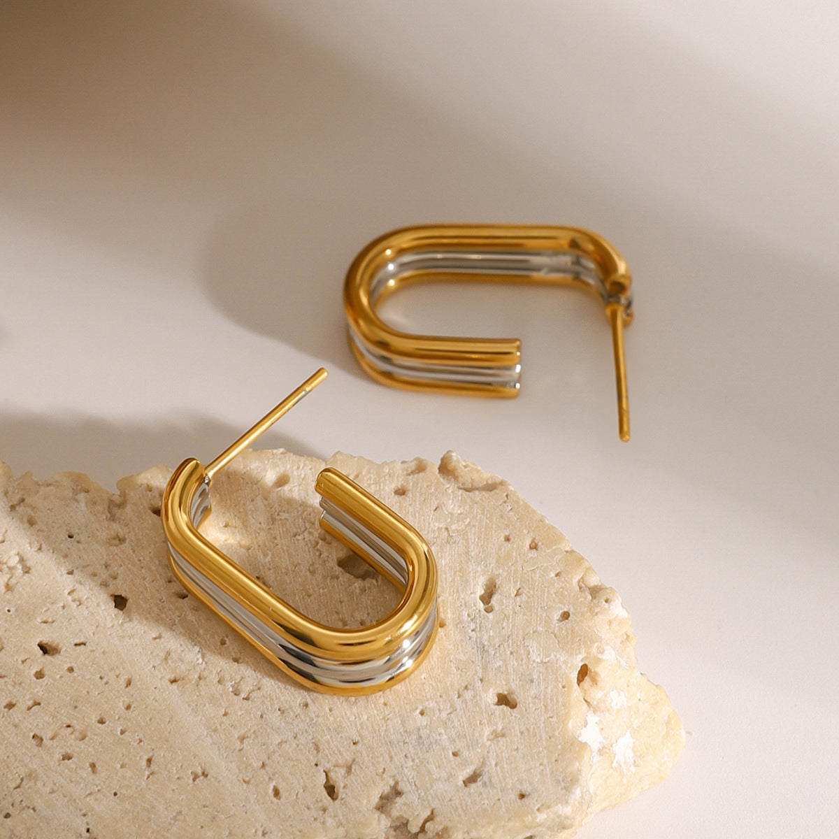 Two-Tone Triple-Line Stainless Steel Stud Earrings styled product view