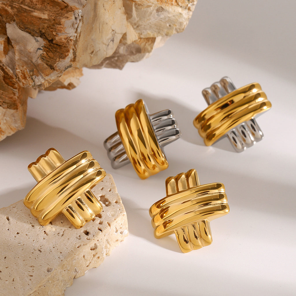 Two-Tone Stainless Steel Crossover Stud Earrings and Ring — detail view