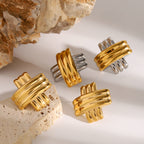 Two-Tone Stainless Steel Crossover Stud Earrings and Ring — detail view