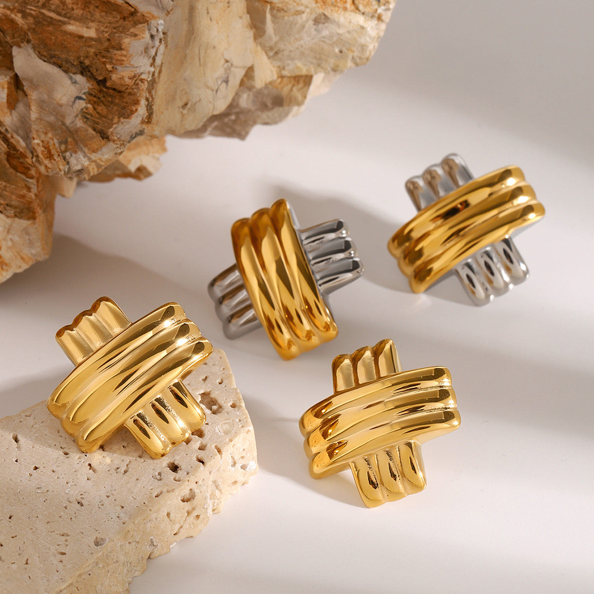 Two-Tone Stainless Steel Crossover Stud Earrings and Ring — detail view