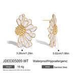 Gold Tone Colored Floral Stainless Steel Stud Earrings — worn scale of the floral studs