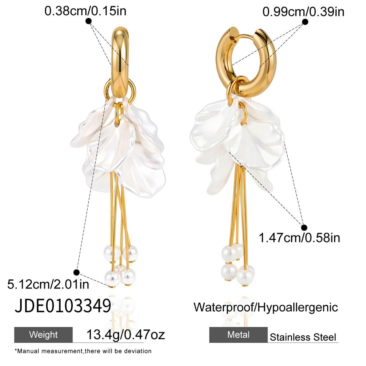 Petal hoop earring length and bead-tipped strand detail