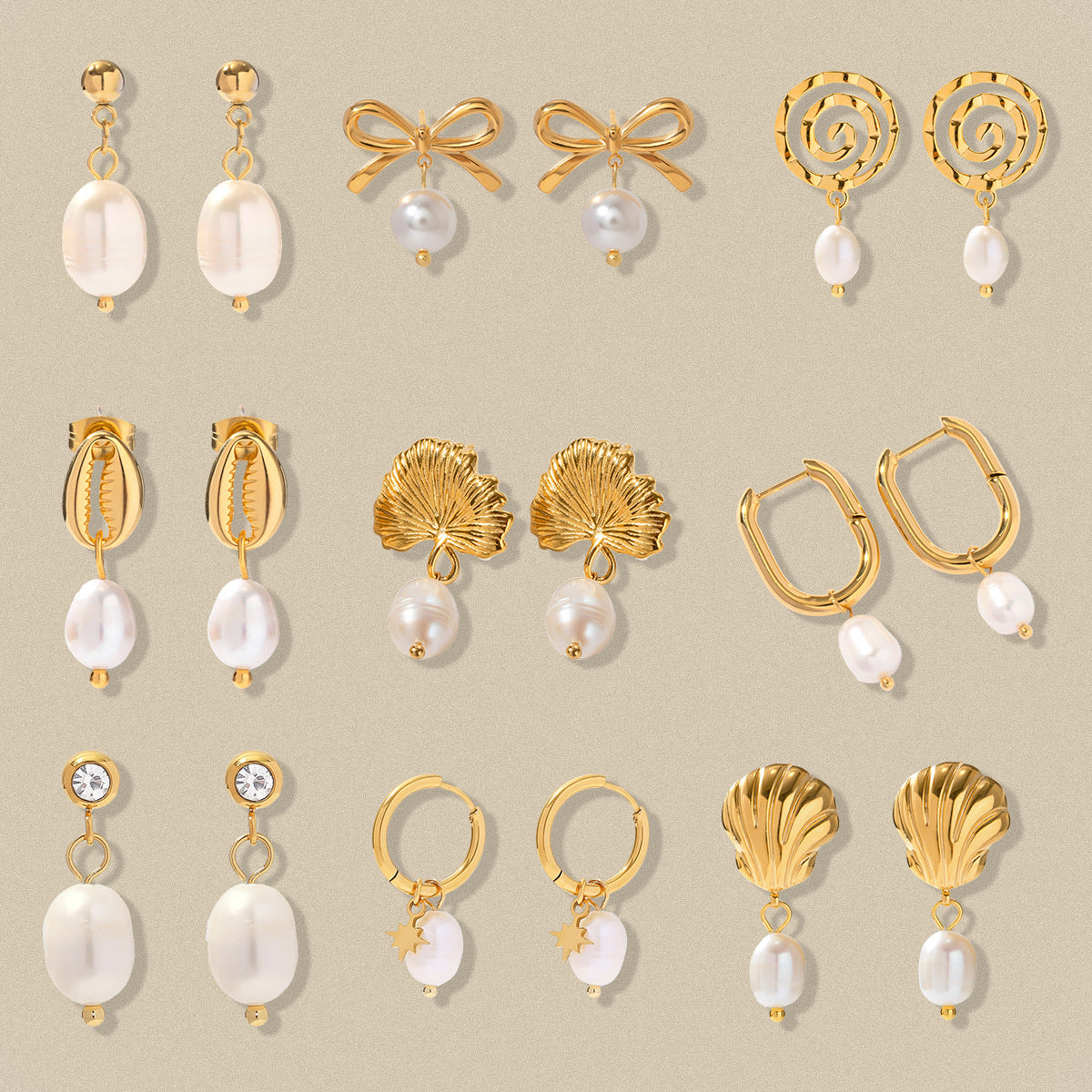 White bead shell bow spiral and hoop earring selection