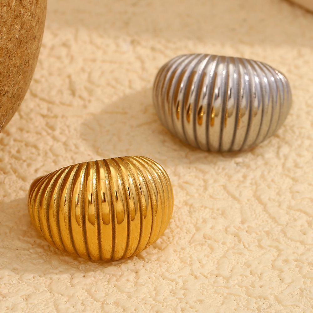 gold plated and silver-finish 316L stainless steel ribbed dome rings