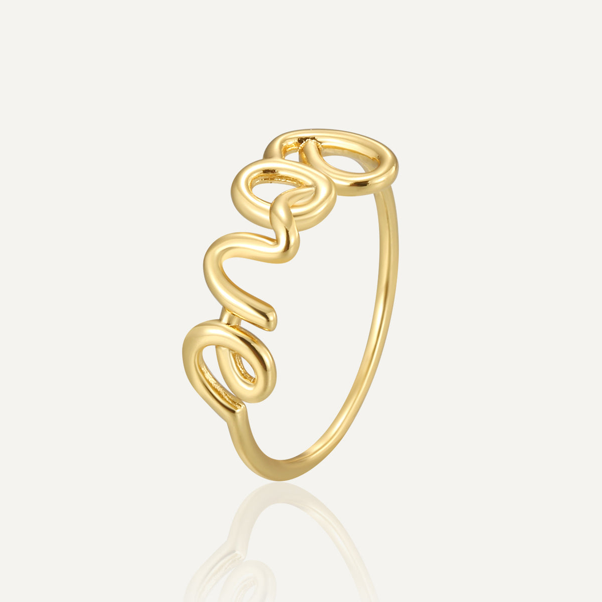 gold plated brass band ring with open LOVE wire lettering