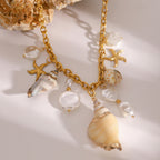 Gold-Tone Shell and Pearl-Look Stainless Steel Charm Necklace on-model view