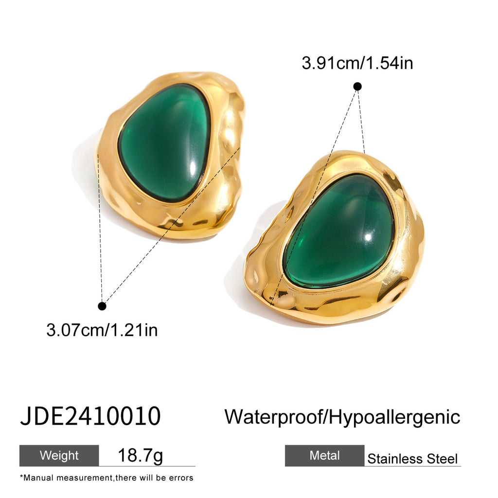 Green Resin Cabochon Stainless Steel Statement Stud Earrings — product reference
