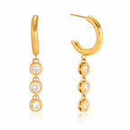 front and side views of the three-stone drop hoop earrings