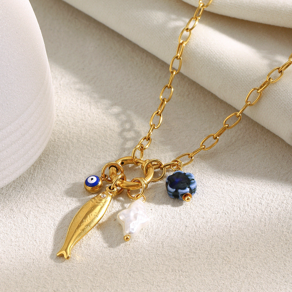 Gold plated stainless steel fish charm paperclip necklace front view