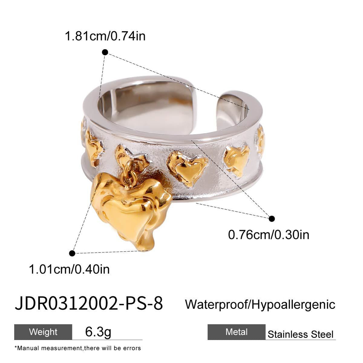Heart Stainless Steel Ring and Stud Earring Collection in Mixed Finishes – size and variant reference