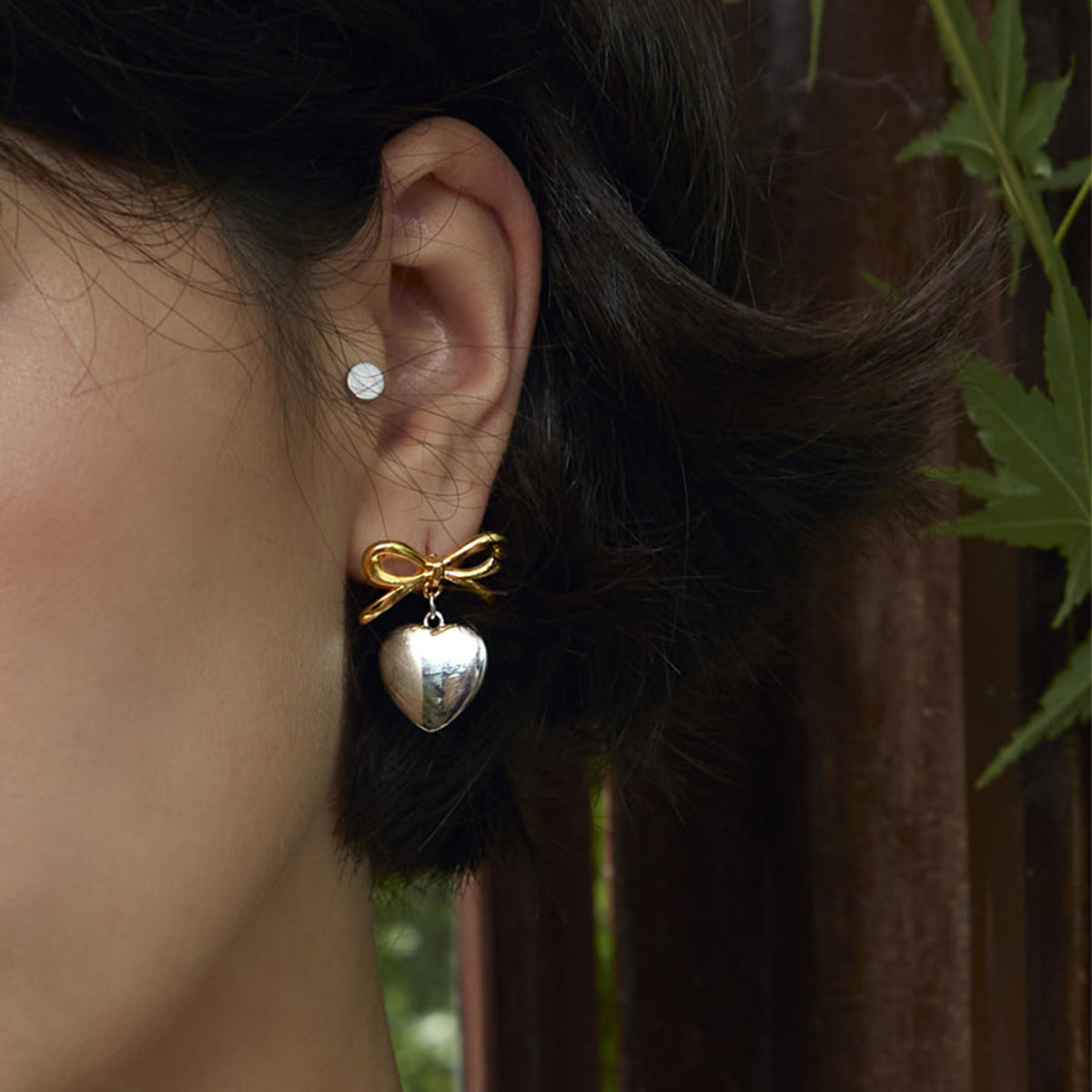 Stainless Steel Bow Heart Drop Earrings in Two Finishes – product view 2