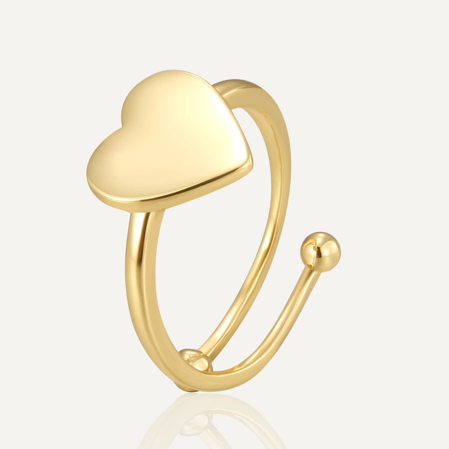 gold plated brass bypass ring with polished heart and ball ends
