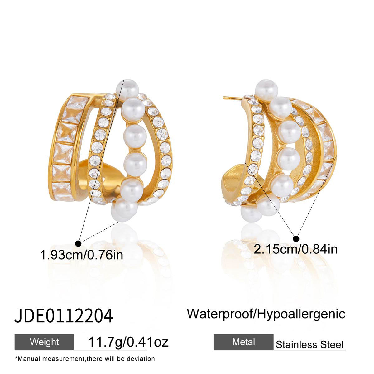 Multi-row faux pearl hoop dimension image showing 21.5 by 19.3 mm