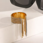 Angled view of beaded rows and hanging ring fringe