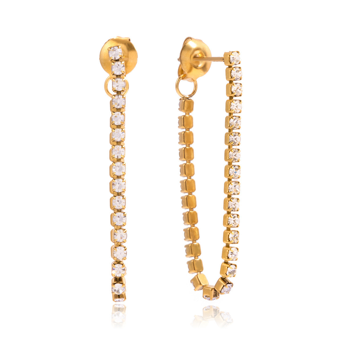 Gold-Tone Clear Accent Chain Tassel Stainless Steel Drop Earrings finish and shape detail