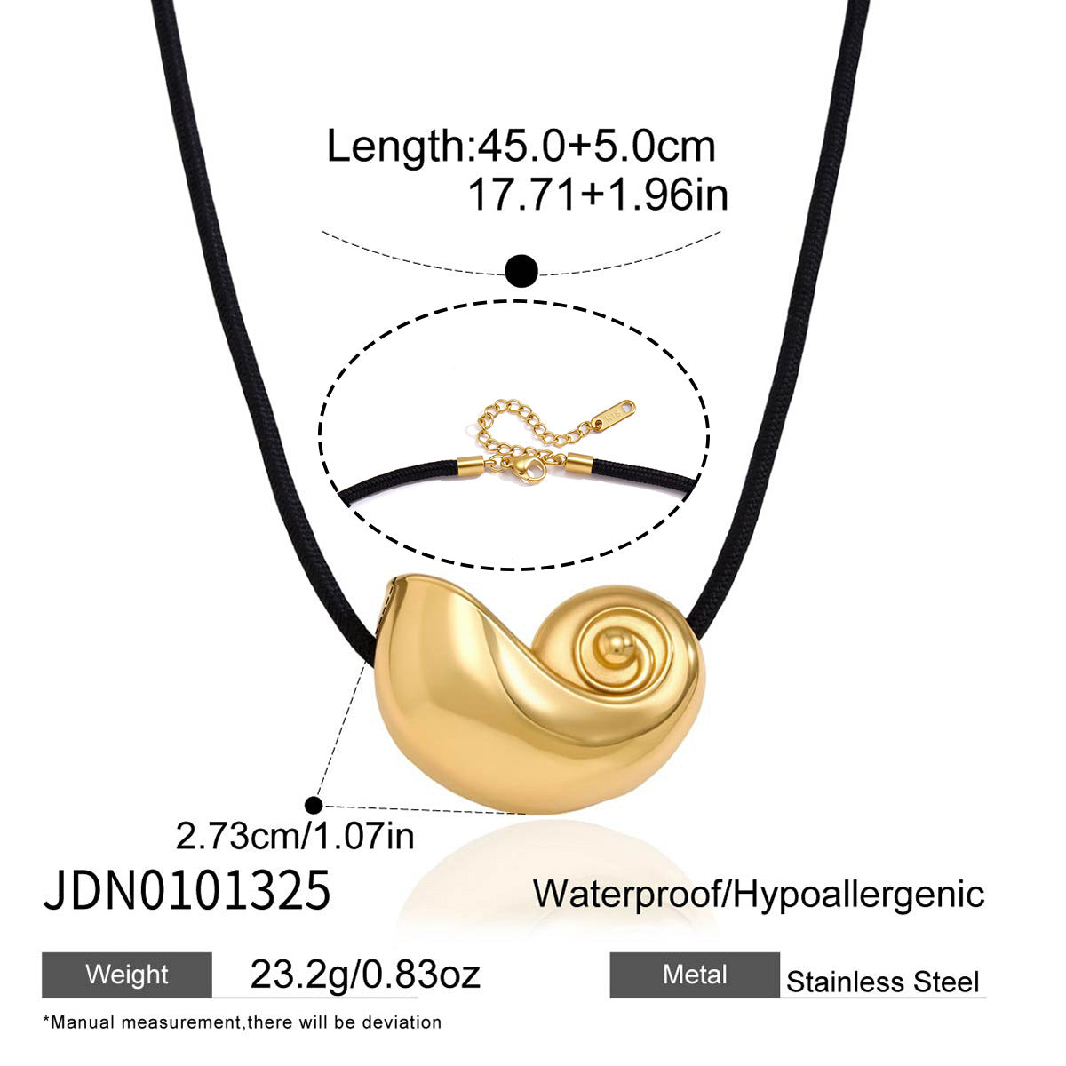 Gold tone shell necklace length and clasp diagram