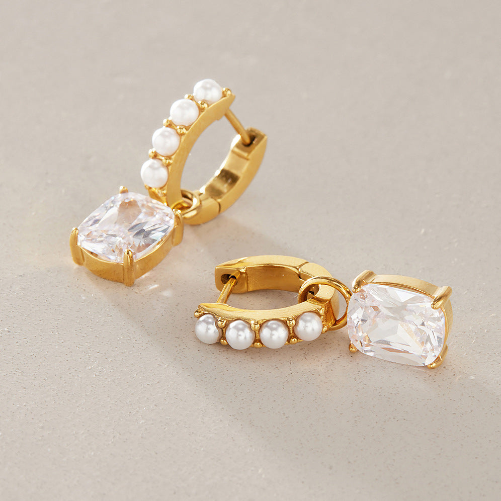 Pearl-look hoops with clear cushion-shaped drops