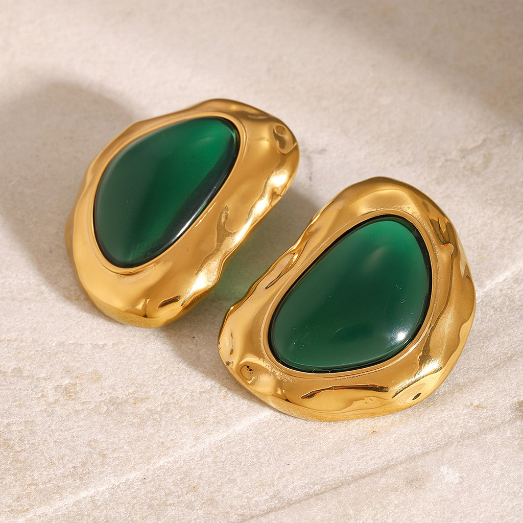Green Resin Cabochon Stainless Steel Statement Stud Earrings — detail view