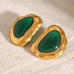 Green Resin Cabochon Stainless Steel Statement Stud Earrings — detail view