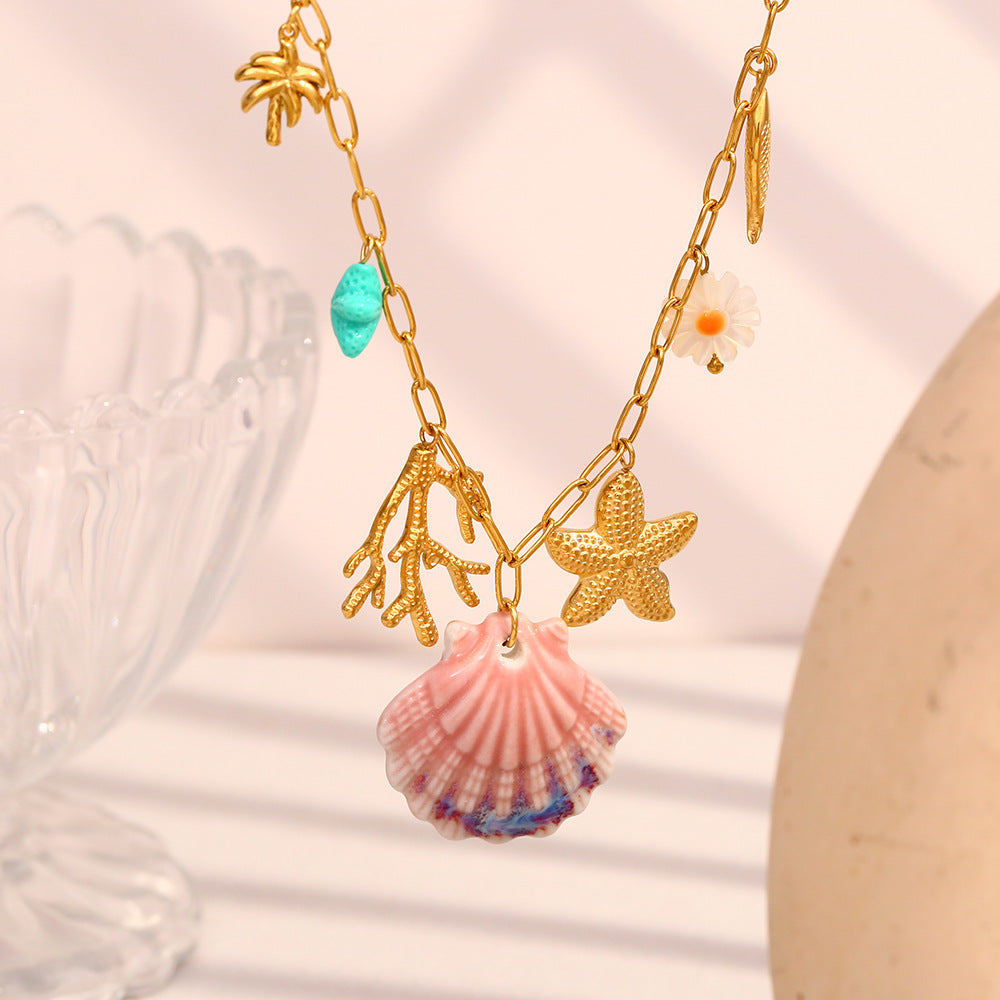 Gold Plated Stainless Steel Coastal Charm Link Necklace — worn view