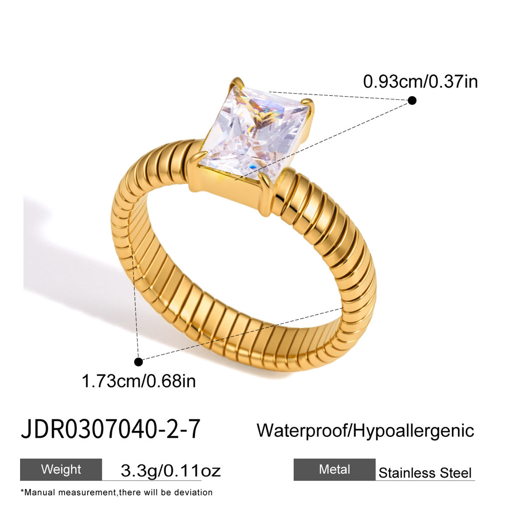 Square zirconia solitaire ring with dimension guide