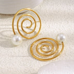 Gold Plated 316L Stainless Steel Spiral Pearl Stud Earrings — angled spiral and pearl details