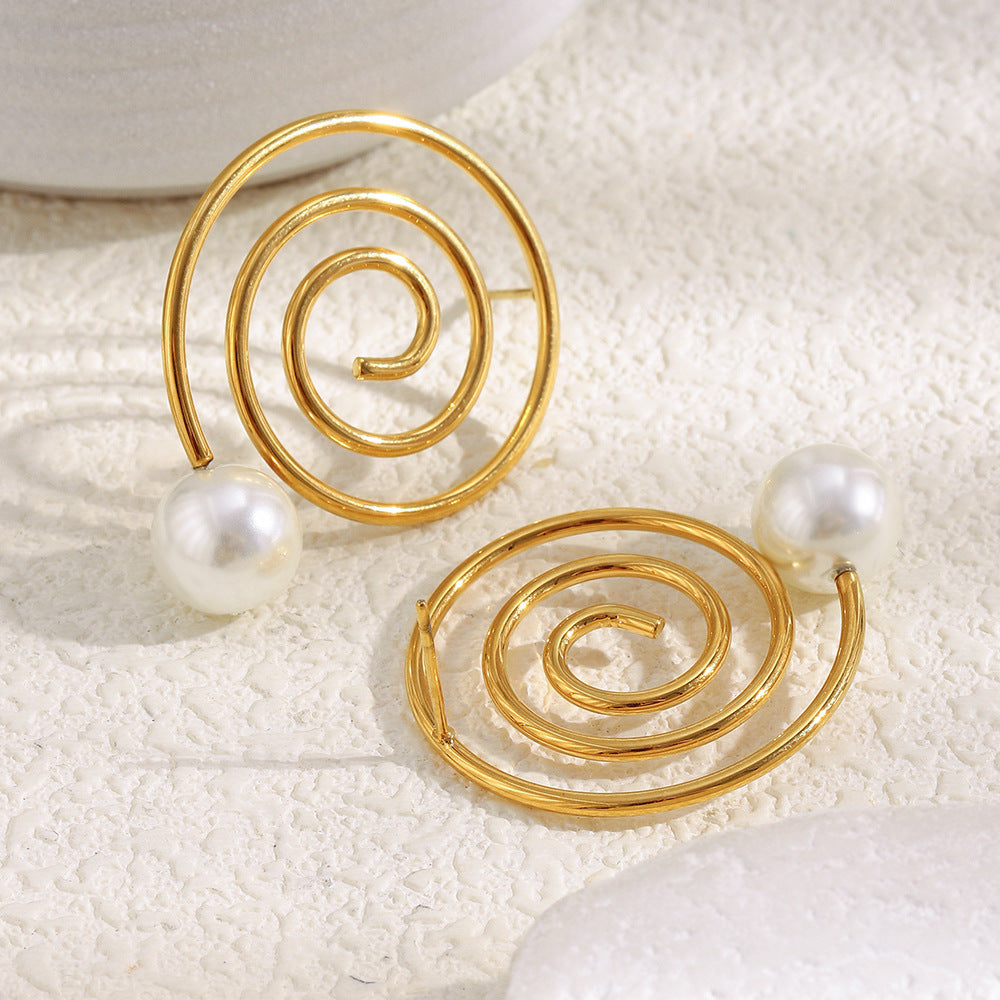 Gold Plated 316L Stainless Steel Spiral Pearl Stud Earrings — angled spiral and pearl details