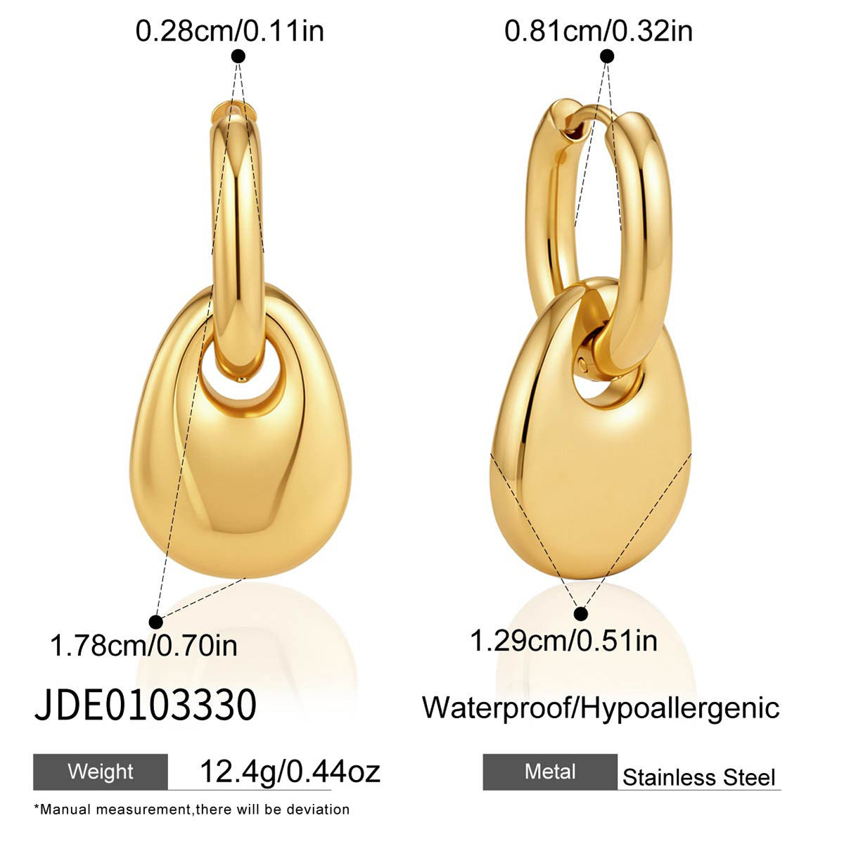 Gold tone pebble drop dimensions and material reference