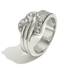 silver-finish stainless steel heart ring with clear pavé accents