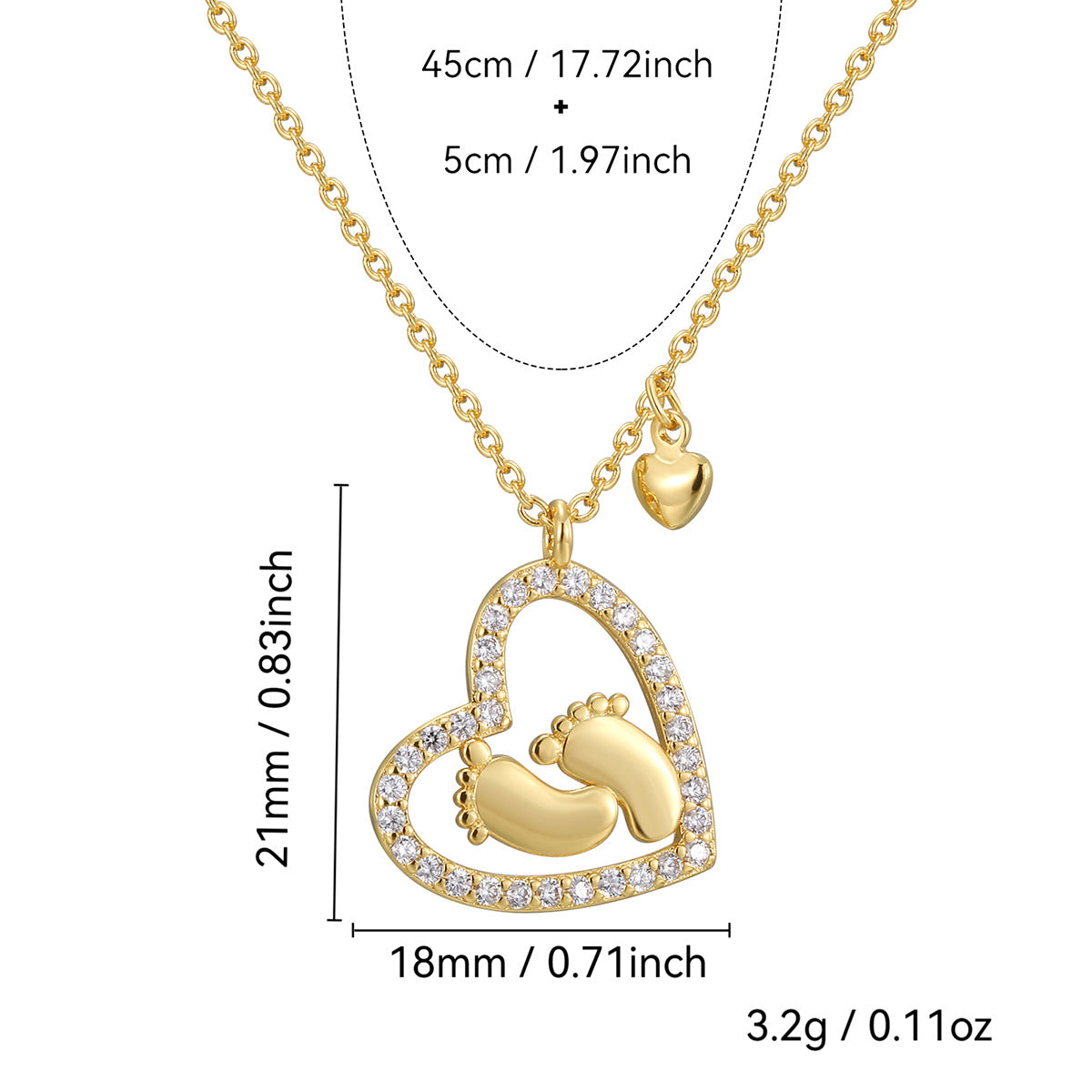 baby footprint heart necklace dimensions with 45 plus 5 cm chain and 3.2 g listed weight