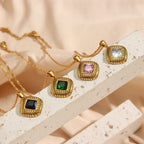 gold plated 316L stainless steel square necklaces with black green pink and clear stones