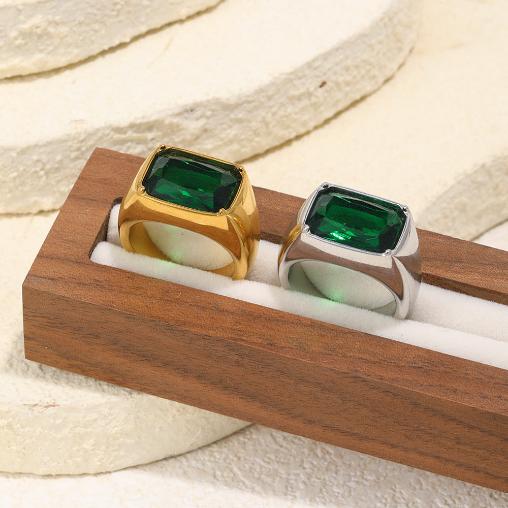 gold plated and silver-finish stainless steel green stone signet rings
