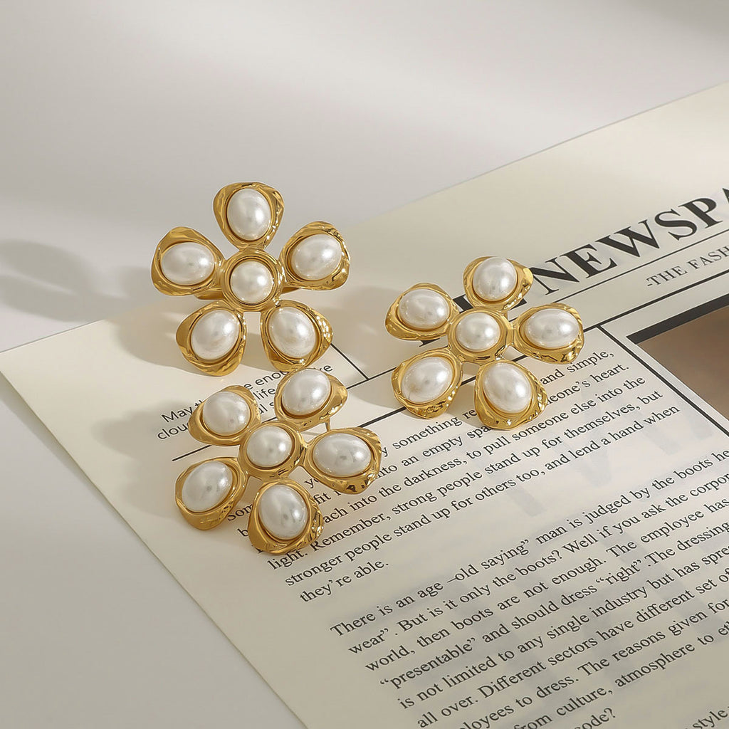 Gold-Tone Pearl-Look Floral Stainless Steel Stud Earrings — wholesale view 3