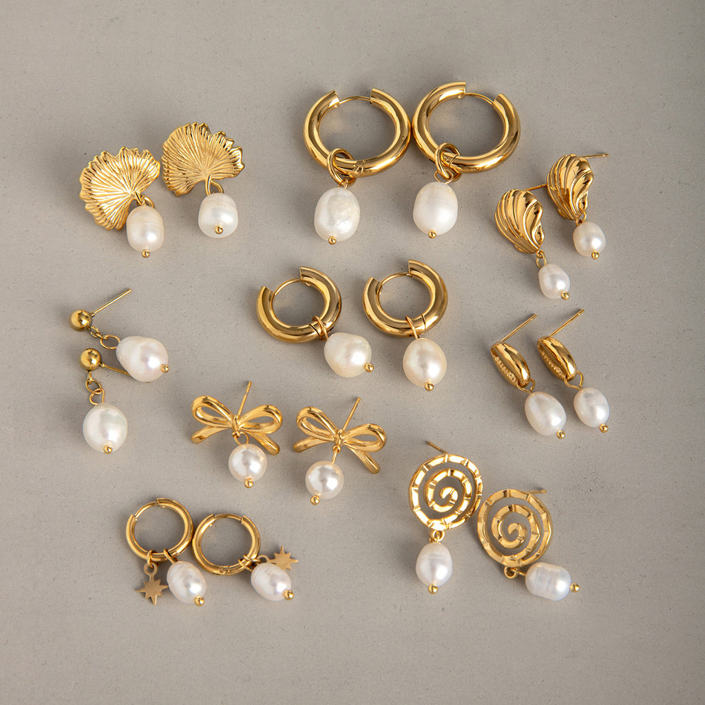Gold-tone stainless steel white bead drop earring assortment