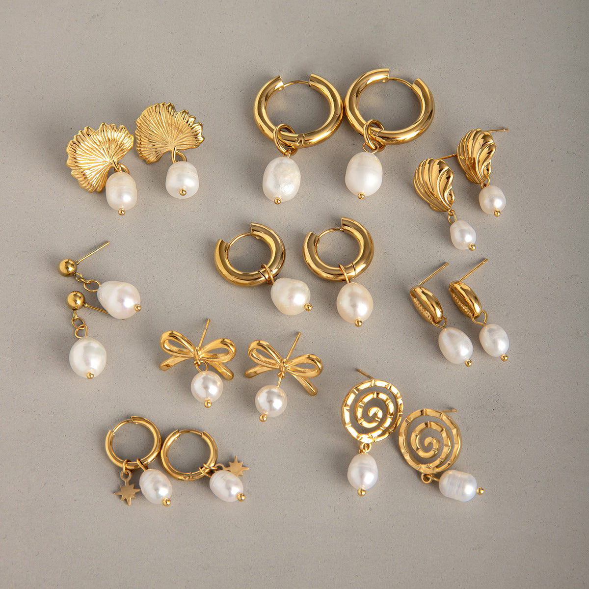 Gold-tone stainless steel white bead drop earring assortment