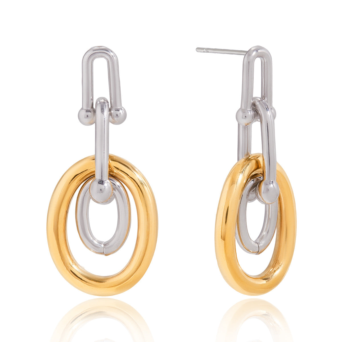 Two-Tone Interlocking Stainless Steel Drop Earrings finish and shape detail
