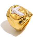 gold plated cross imitation pearl signet ring
