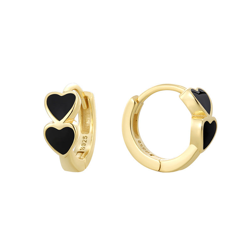 Gold Plated 925 Sterling Silver Colorful Double Heart Hoop Earrings — black hearts