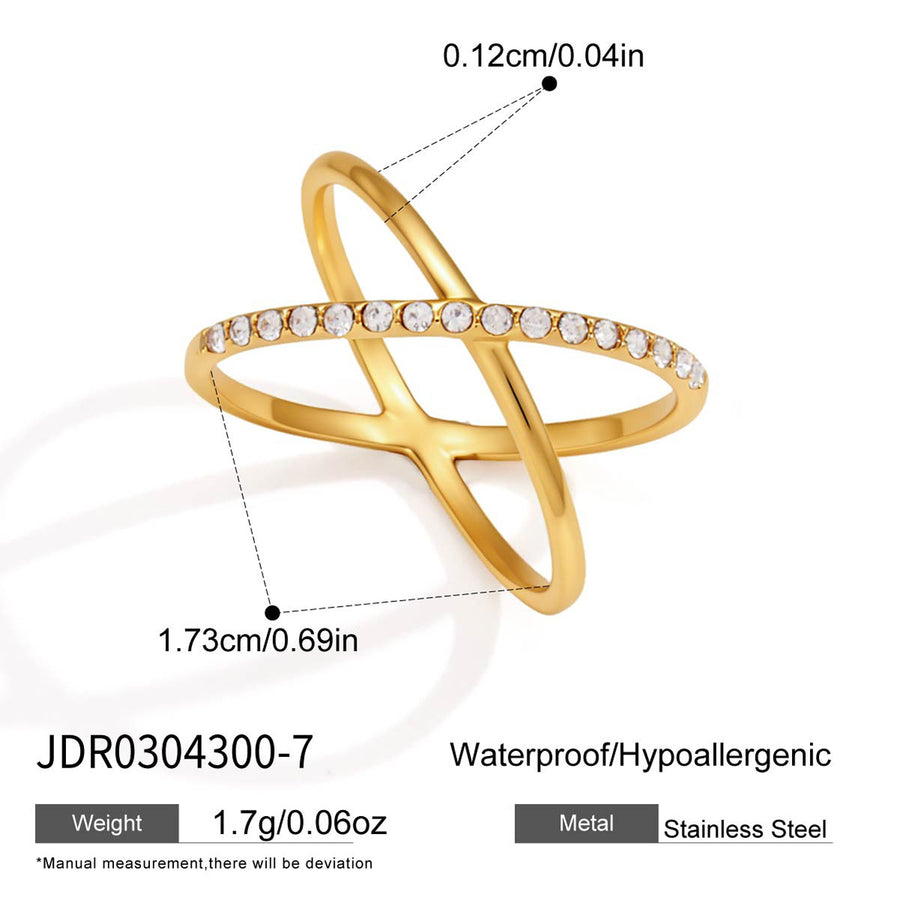 Crossed slim-band rhinestone ring size reference