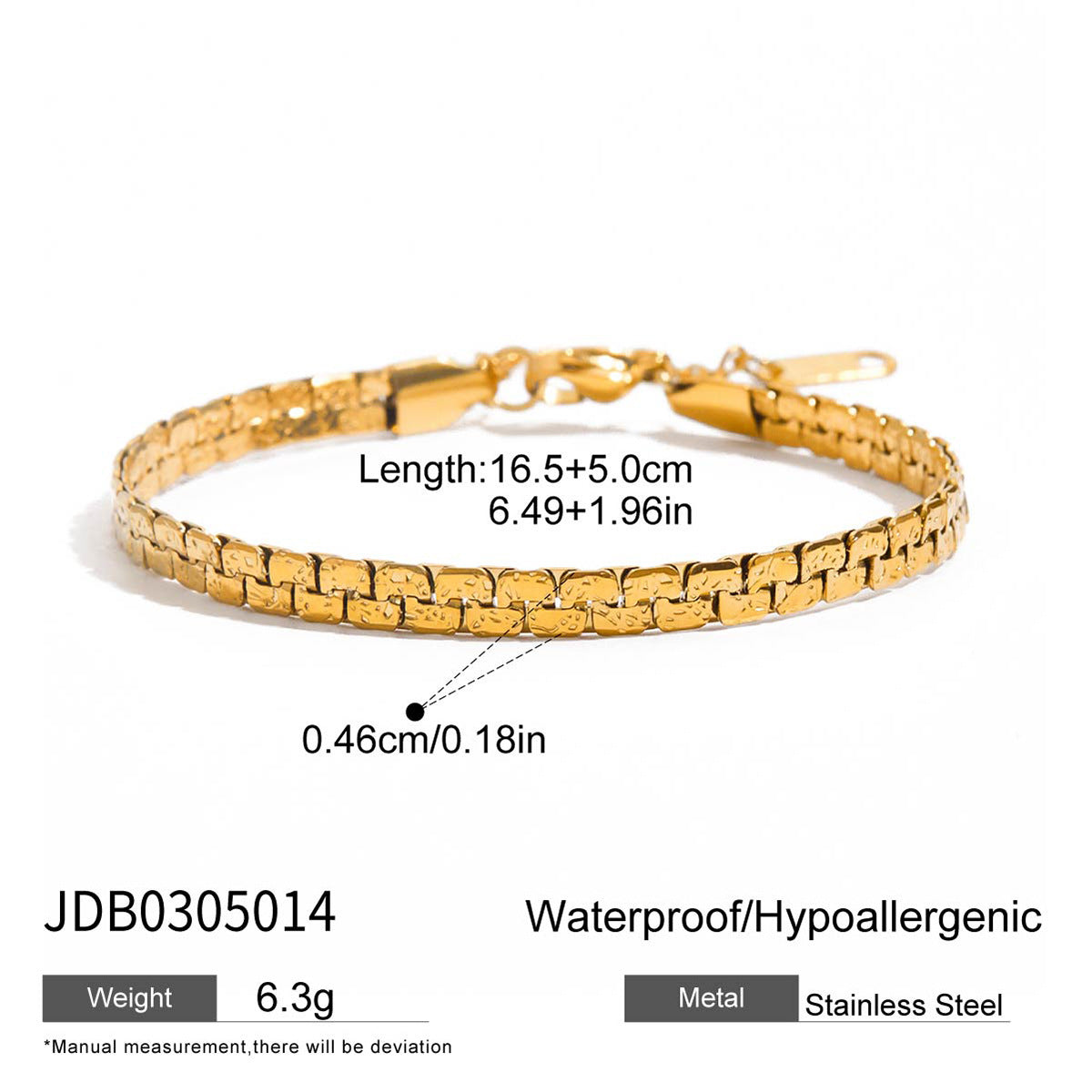 Narrow textured link bracelet measurement reference